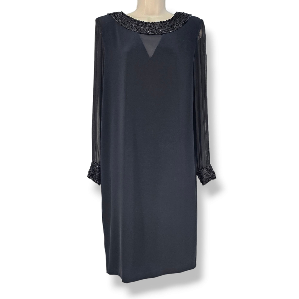 Vintage Black Tie Oleg Cassini Black Shift Dress Beaded Details Size 12